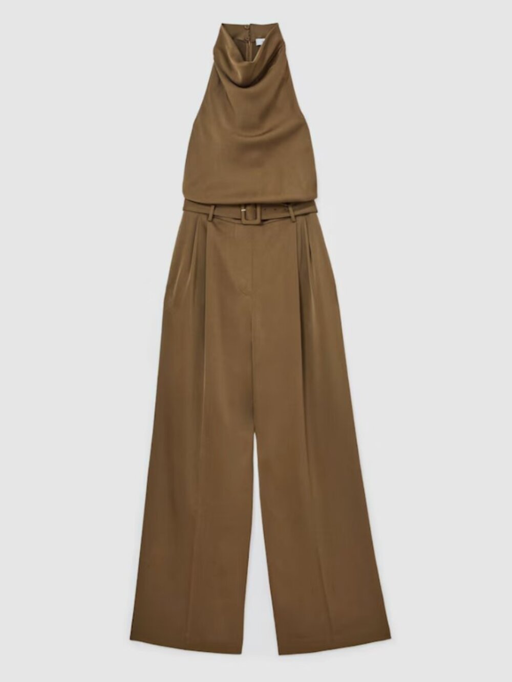 REISS Erica Satin Jumpsuit Khaki Green Cowl-Neck Wide-Leg Quiet Lux Classic - Picture 11 of 14